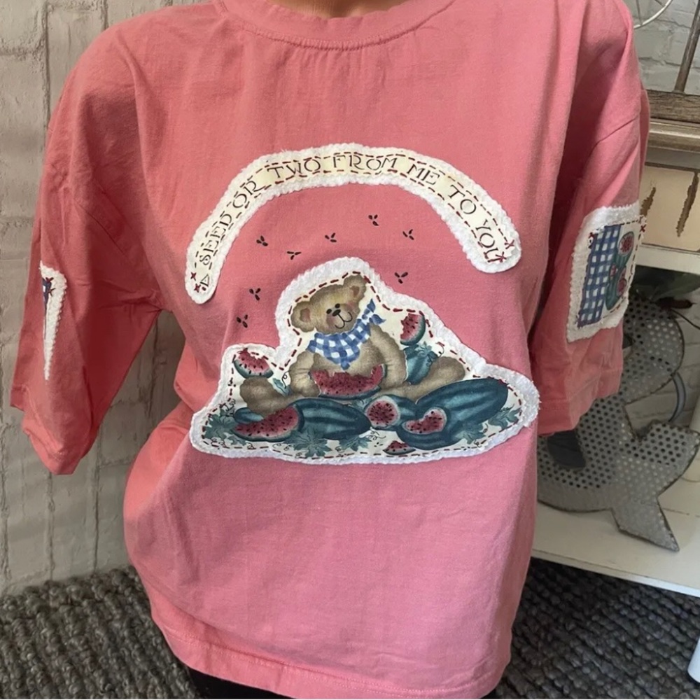 Women’s Teddy Bear Summer Watermelon Appliqué T-shirt Sz L NEW!